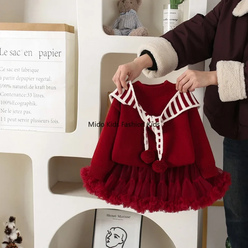

Children's Knitwear Set Autumn/Winter Arrival Baby Girl Shawl-Collar Knit Top Korean Style Chic Lace Puffy Skirt Princess Dress