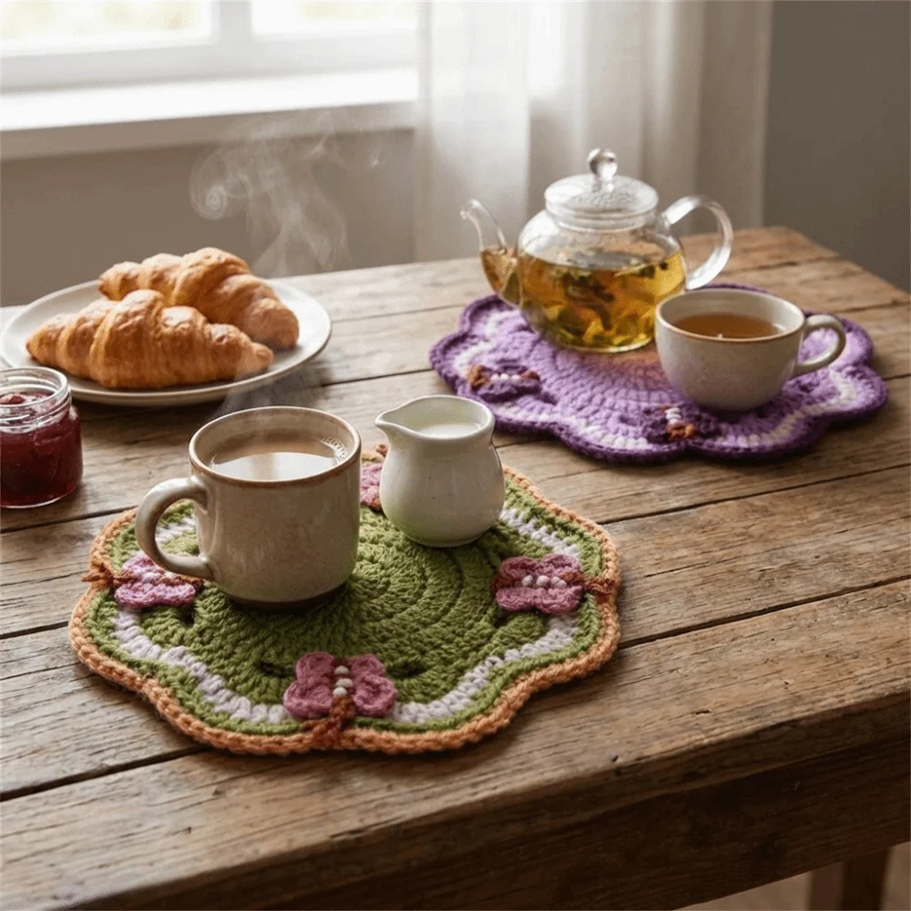 Knitted Butterfly Crochet Placemat Decorative Flower Dining Table Coaster Anti-scald Handmade Heat Insulation Mats Party Decor