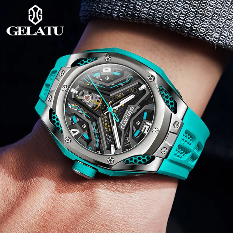 GELATU Automatic Mechanical Watch for Men 53mm Big Dial Wristwatch Skeleton Tourbillon Design Man Waterproof Watch Reloj Hombre