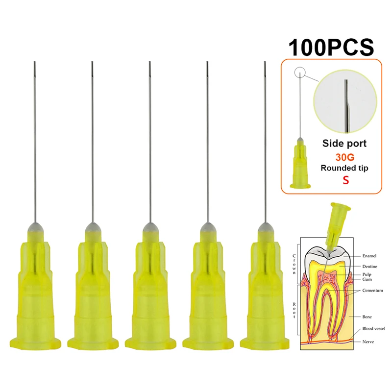 100pcs Dental Endo Irrigation Needle Tip End-Closed Side Cut Endo Syringe Root Canal Washing Needle Tip 30G