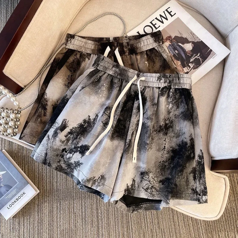 

Casual Workout Elastic Waist Drawstring A-Line Shorts Summer High Waisted Tie Dye Ladies Wide Leg Shorts Sport Women Clothing