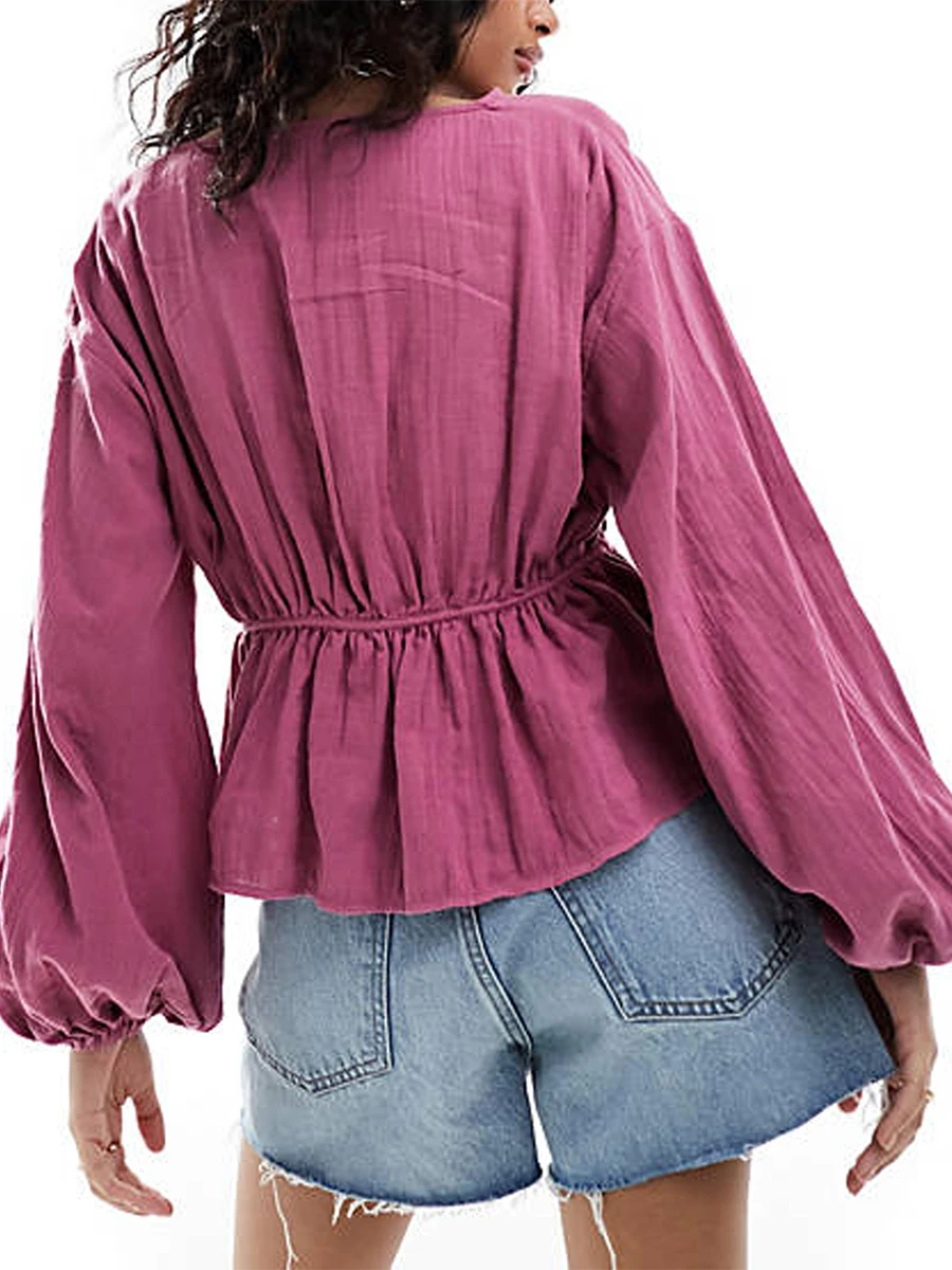

Women Long Sleeve Tops Casual Solid Color V-Neck Tie Front Basic Shirt Blouses for Club Streetwear Aesthetic Clothes