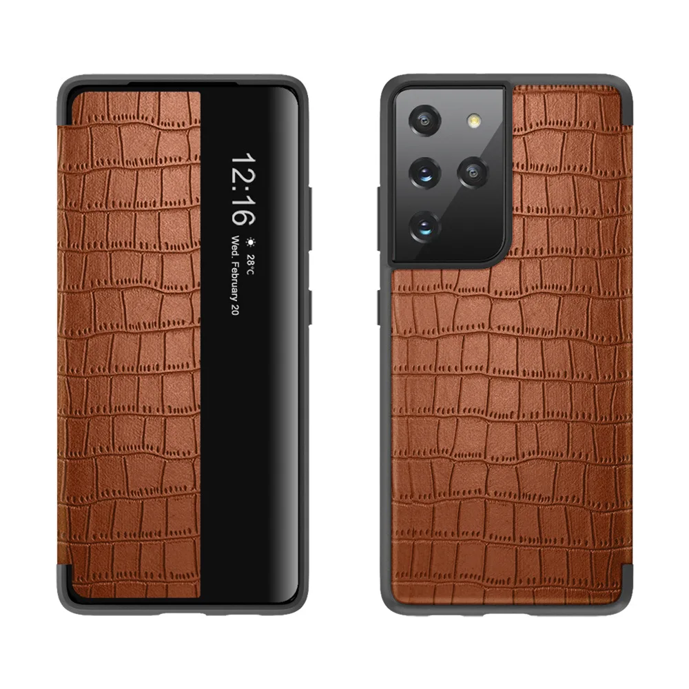 

5 Color For Samsung Galaxy S23 Ultra S22 S21 Plus S23+ S22+ S21+ Leather Crocodile Grain Flip Phone Cover Case View Window