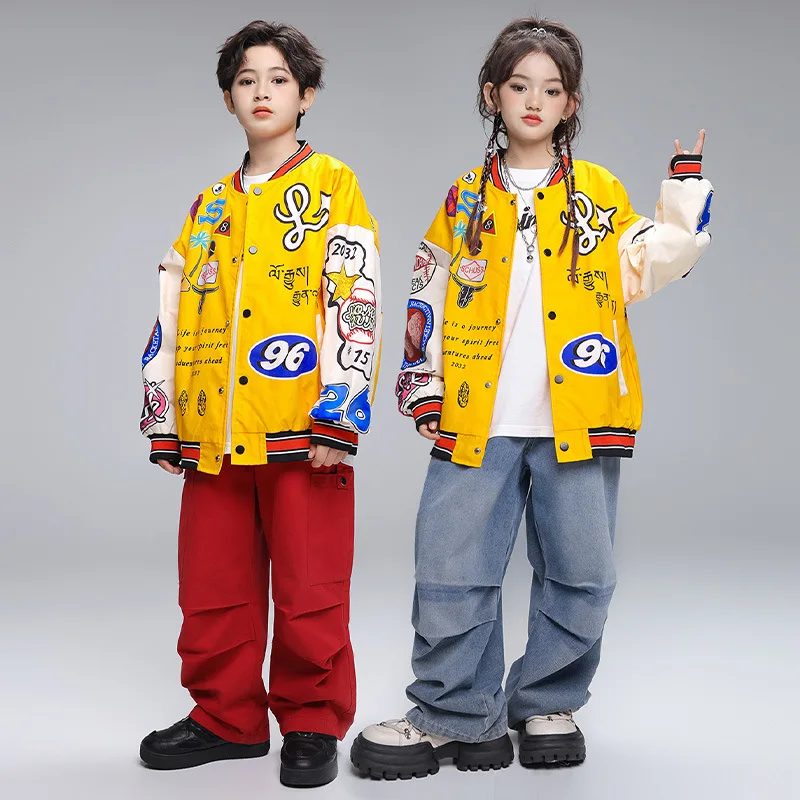 

Kid Hip Hop Clothing Yellow Print Baseball Jacket Casual Ruched Red Pants Denim Jeans for Girl Boy Jazz Dance Costumes Clothes