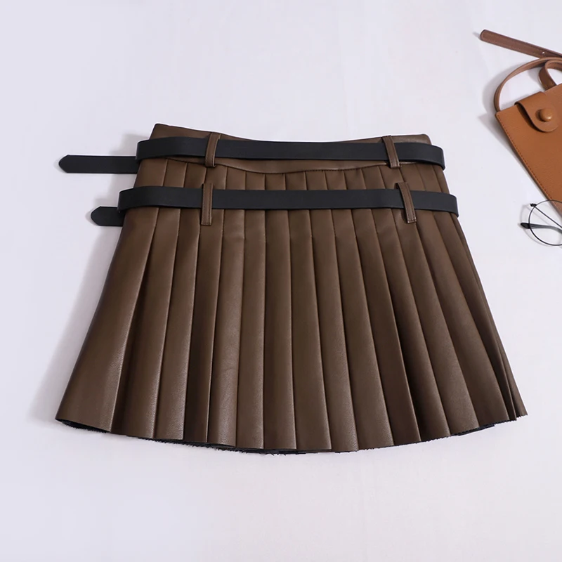 KUSAHIKI Korean Double Belts High Waist A-line Skirts for Women Autumn Winter Pleated PU Leather Mini Skirt Faldas De Mujer