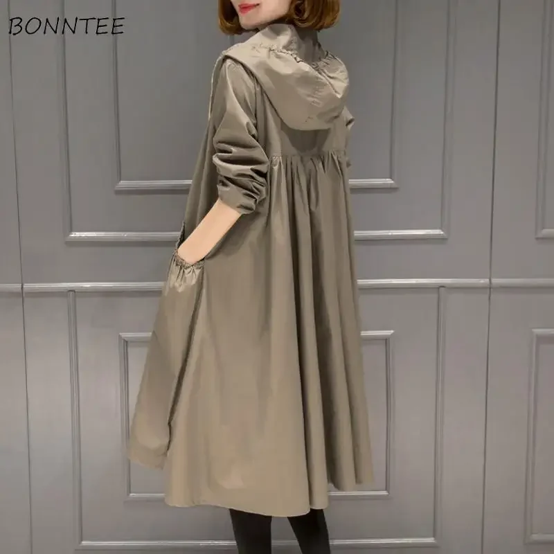 Long Trench Women Spring Autumn New Arrival Korean Style Leisure Zipper Fly Loose Pockets Hooded Simple Comfortable