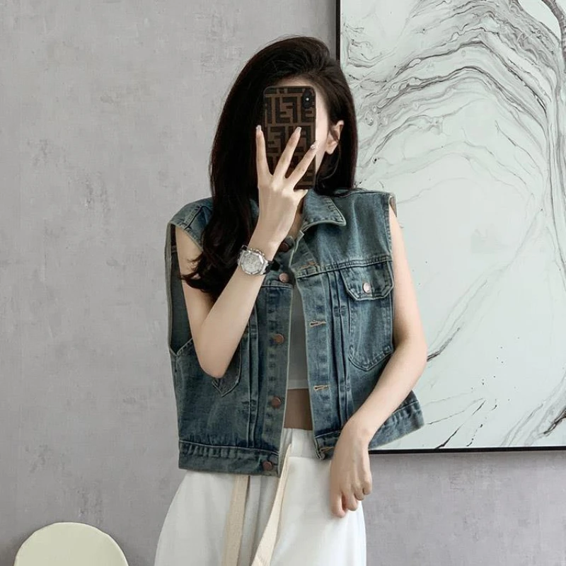 Retro Denim Jacket Women New Summer Fashionable Temperament Layered Sleeveless Camisole Vest Small Stature Short Top