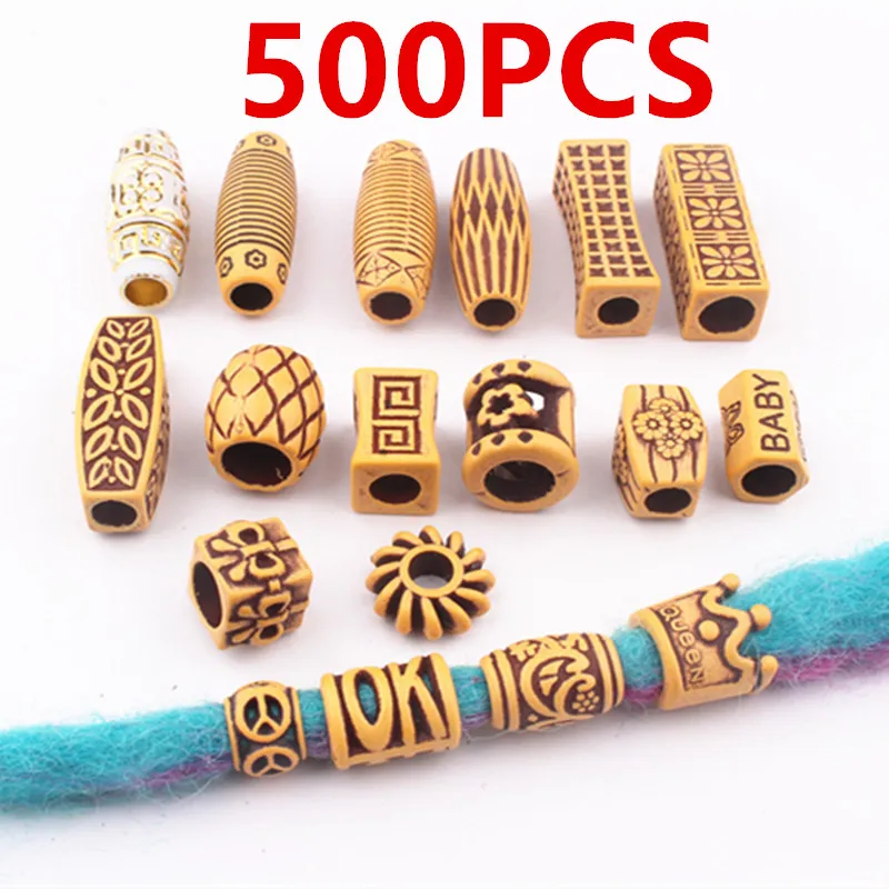 

500 Pcs Wooden Braid Beads Imitation Wood Acrylic Dreadlock Hair Column Oval Round Large Hole Bead Loose Spacers for Hair