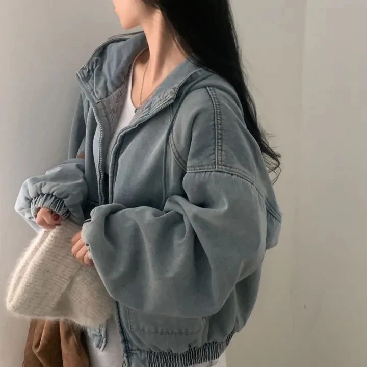 Faionable Thiened Fur Felpa con cappuccio Denim Jaet Donna Allentato Pigro Sle Capispalla Caldo Cappotto di cotone Primavera Autunno Inverno