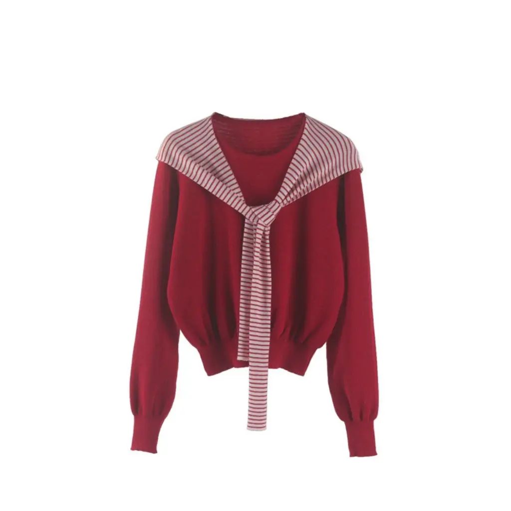 

Женский мягкий полосатый трикотаж, приятный для кожи, темно-синий воротник, топ с капюшоном на шнуровке, консервативный стиль, весна-осень, новая композиция