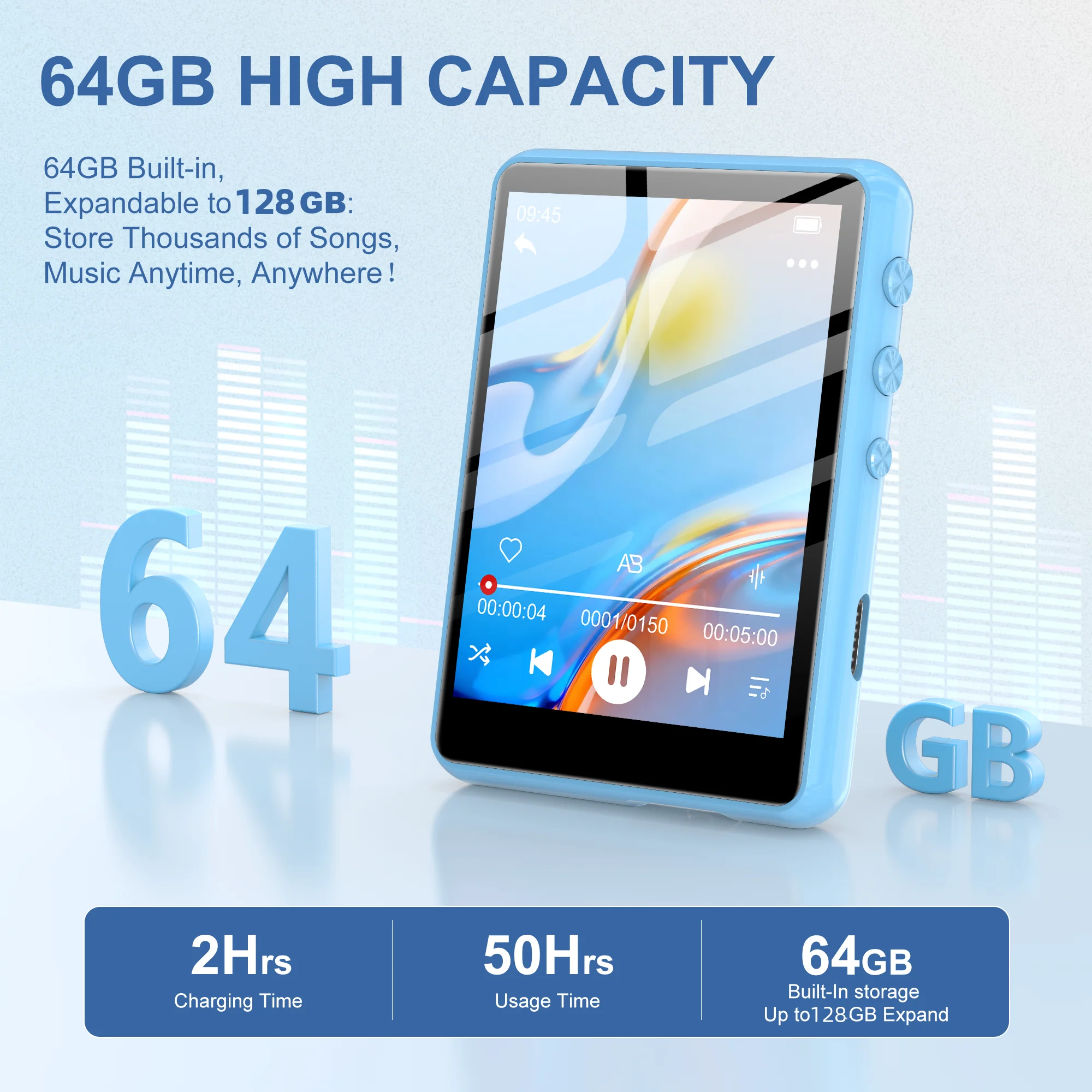 64GB MP3 Player Bluetooth 5.3 Touch Screen HiFi Music Player FM Radio Voice Recorder Portable Audio Support 128GB TF Card Gift