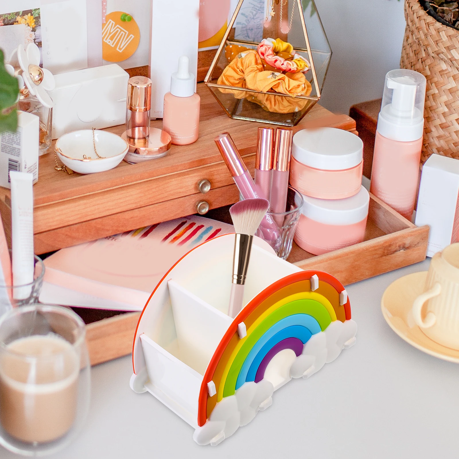 

Rainbow Bridge 3 Grid Makeup Brush Storage Box Desk ganizer Pencil Holder Silica Gel Office Supplies Multifunctional Tidy