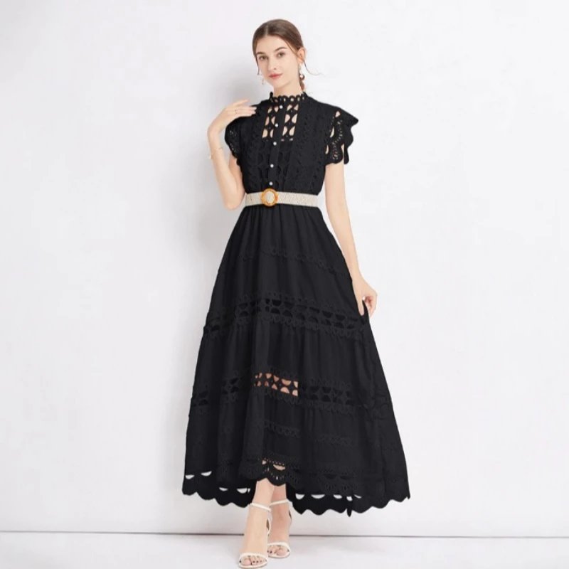 Luxo high-end vestido de festa feminino vestidos gola alta recorte bordado renda sem mangas magro vestido elegante de alta qualidade