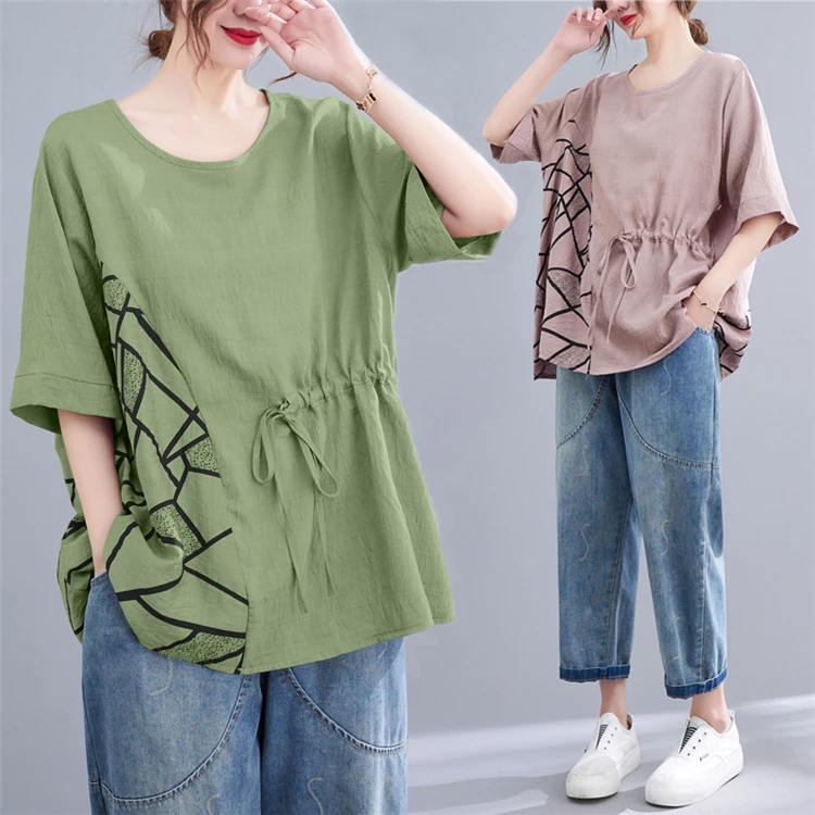 

plus Size Women's Summer Loose T-irt Dstring Cotton Linen Top Cover up Clothes Casual round Ne ort Sve Tee