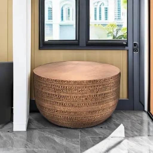 Johnsen 30-inch Wide Metal Drum Coffee Table in Antique Copper, Boho-Style Cocktail Table for Living Room or Family R