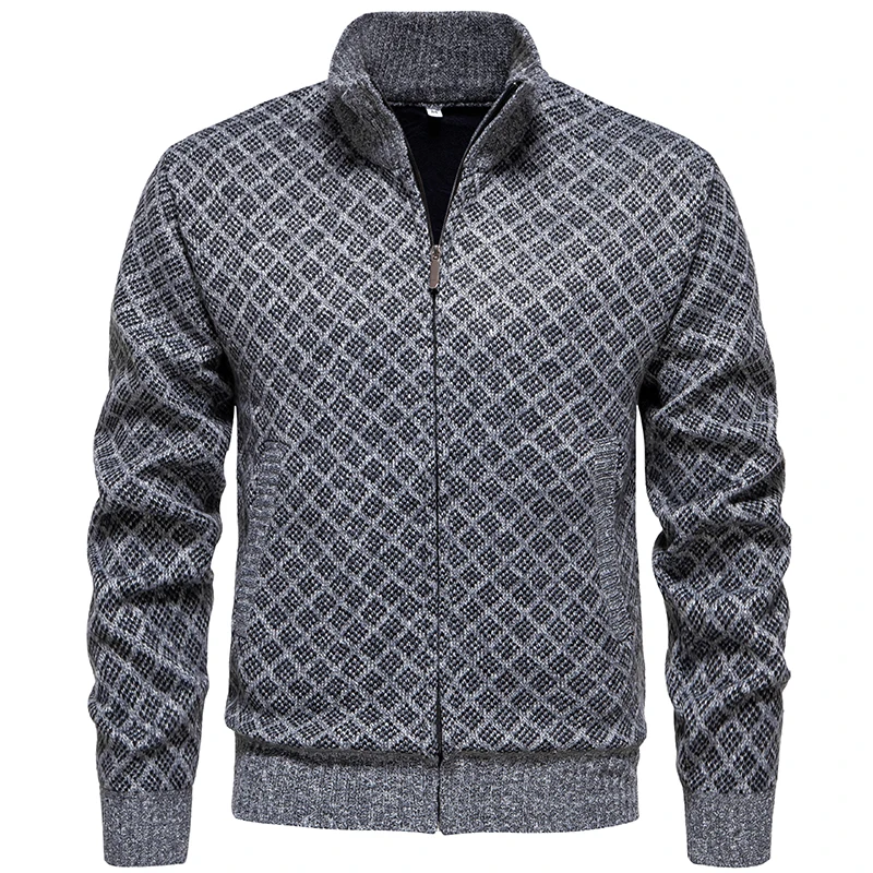 Homens de malha cardigan camisola casaco 2024 coreano outono inverno quente grosso xadrez zip casual gola alta jaqueta de lã roupas masculinas