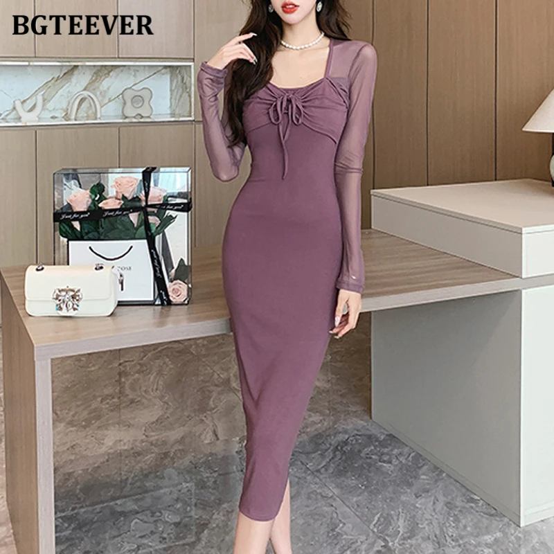 

BGTEEVER Elegant Long Sleeve Female Solid Bodycon Skinny Dress Autumn Winter Stylish Ladies Square Collar Package Hip Midi Dress