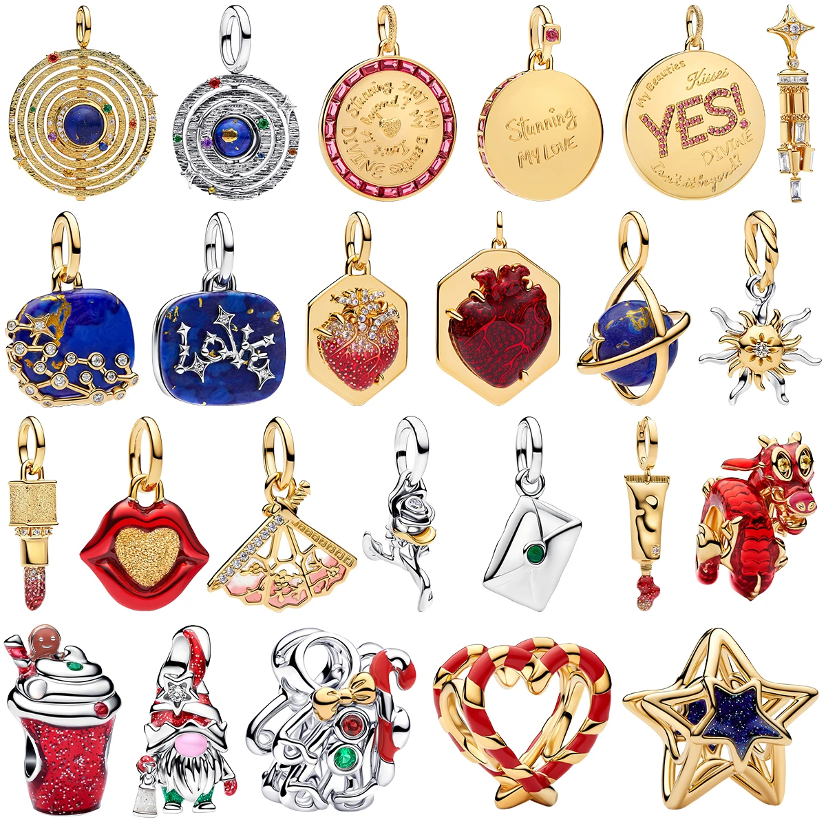 New 925 Silver Charms Cosmic Planet Engraved Rose Dragon Gnome Lips Lipstick Hang Tag Bead Pendant Fit Bracelet DIY Jewelry Gift