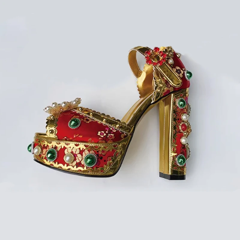 

Женские босоножки с открытым носком на толстом каблуке и стразами, лето 202, красные женские туфли на высоком каблуке в стиле ретро в стиле барокко, 14 см