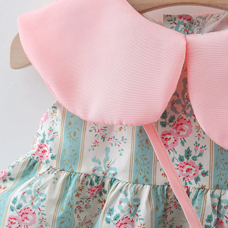 Summer New Pink Doll Neck Baby Girl Dress, Sweet Floral Children\'S Sleeveless Clothes+Love Bag (9 Months -3 Years Old)