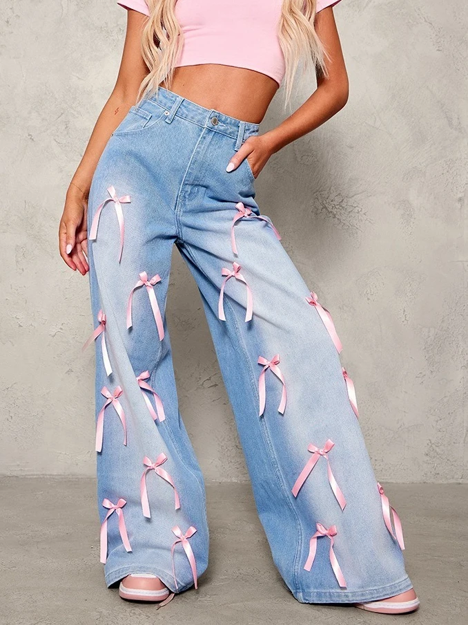 

Yaminiya Ribbon Bow Sweet Straight Baggy Loose Jeans Women High Waist Washed Distressed Long Pants Casual 2025 Fashion New
