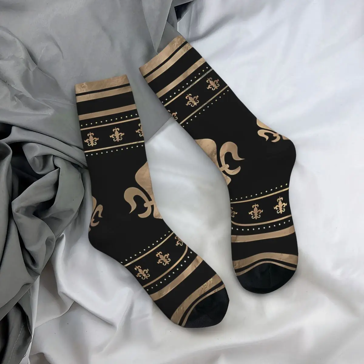 Men\'s Socks Luxury Ornament Black And Gold Vintage Fleur De Lis Hibiscus Flower Harajuku Casual Crew Sock Gift Pattern Printed