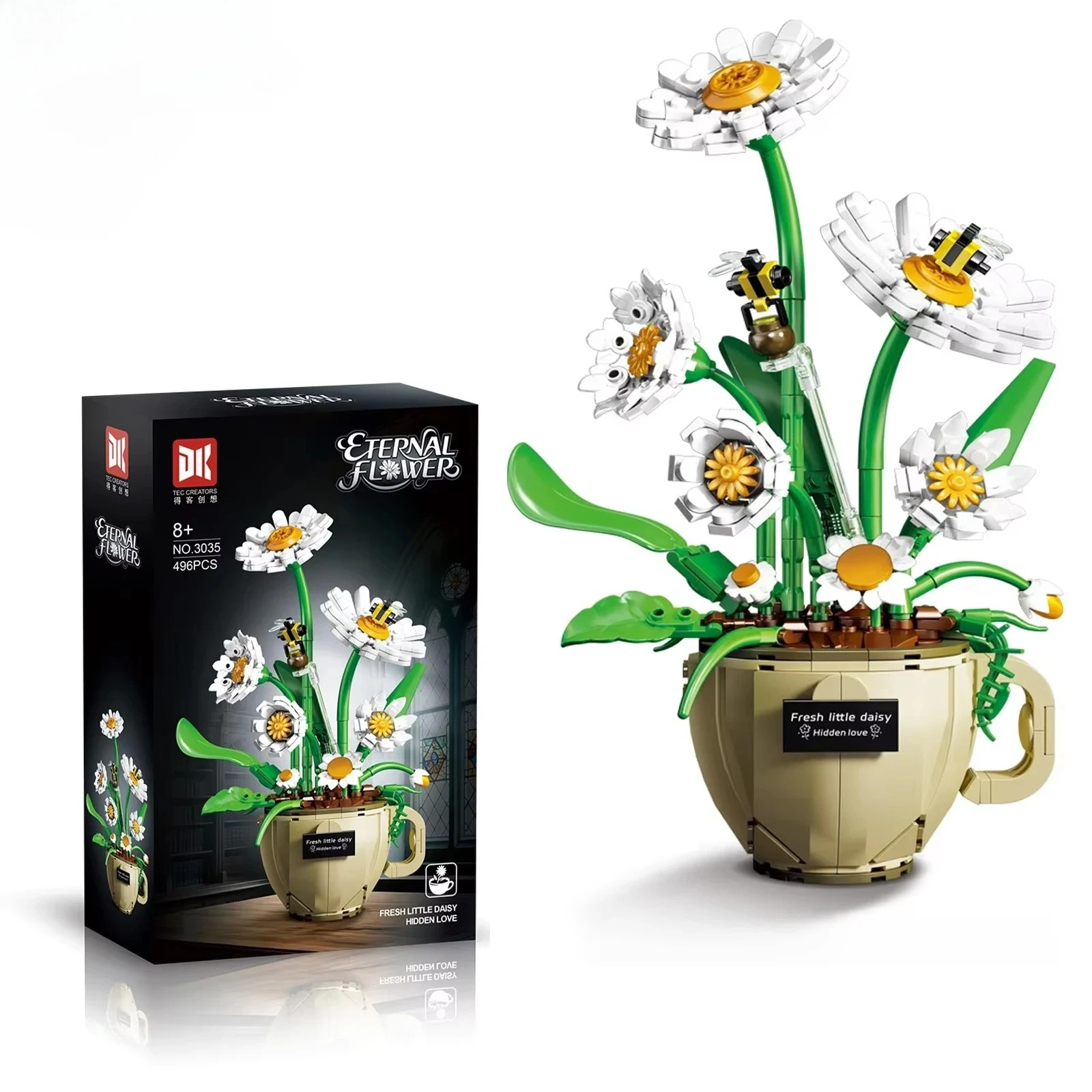 ตัวต่อดอกไม้ MOC แบบถ้วยกาแฟ ดอกเดซี่ ตัวต่อขนาดเล็ก ประกอบเป็นกระถางต้นไม้ ของตกแต่ง ของขวัญ