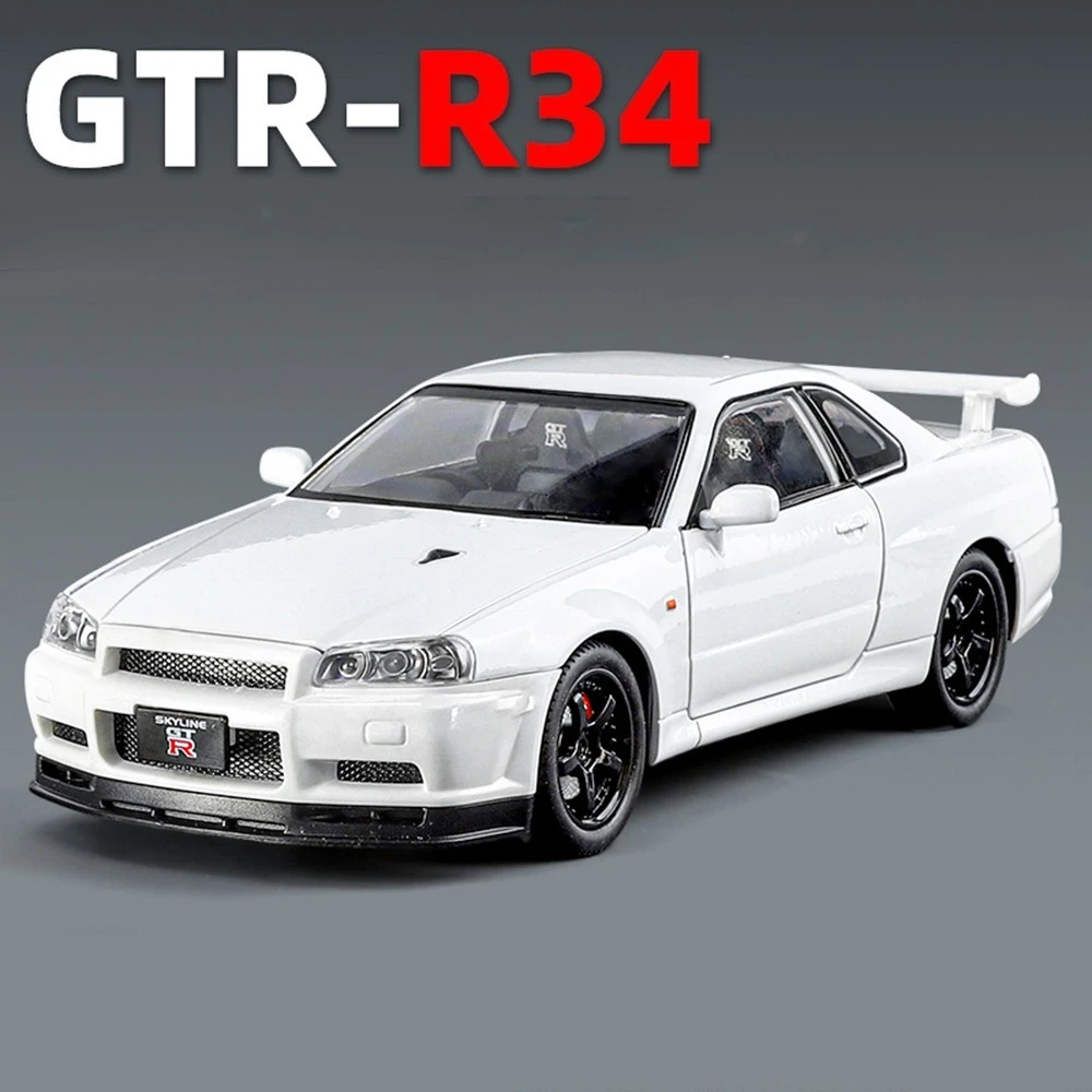 

1:24 Миниатюрная игрушка GTR R34, модели спортивных автомобилей, литой под давлением сплав, звуковой свет, двери, открытые откатные, изысканные подарки для суперкар для детей