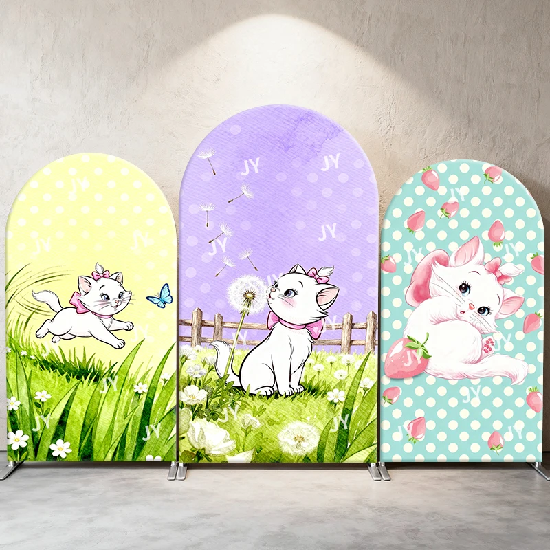 

Marie Cat Arch Backdrop Cover Dandelion Butterfly Strawberry Scene Cartoon Theme Kids Birthday Baby Shower Photo Booth Decor