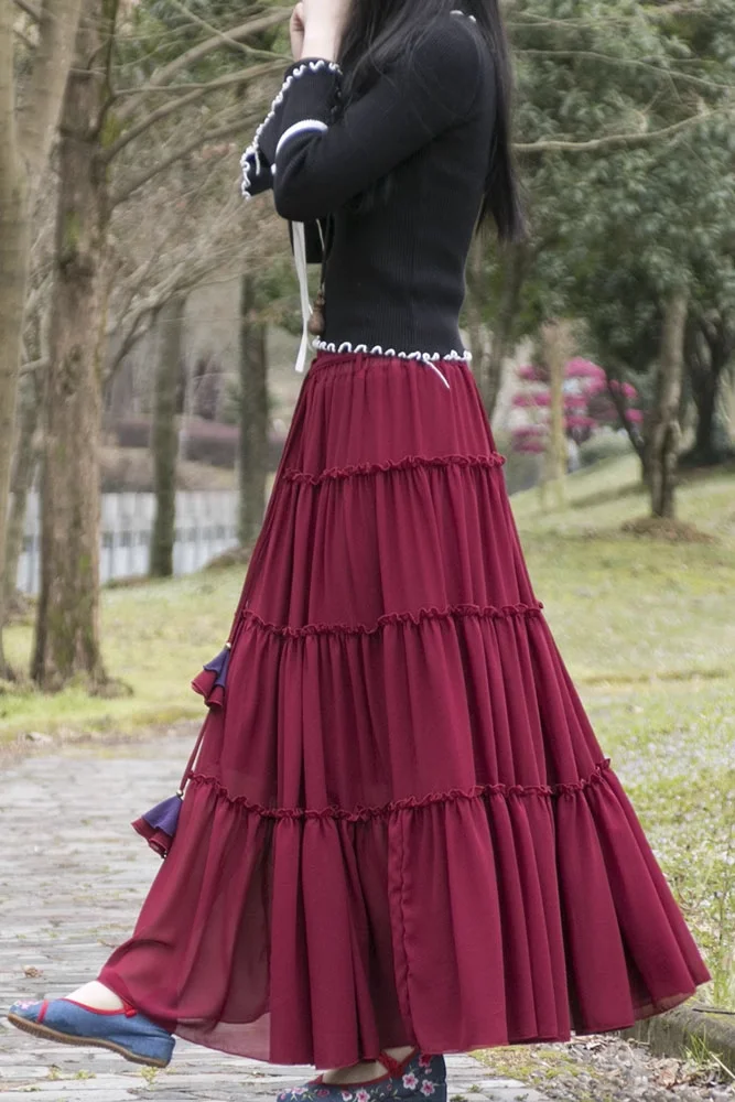 Imagem -06 - Tiyihailey 2023 Novidades Grande Hem Moda Longo Maxi a Linha Cintura Elástica Mulheres Chiffon Fino Verão Primavera Vinho Vermelho Saia