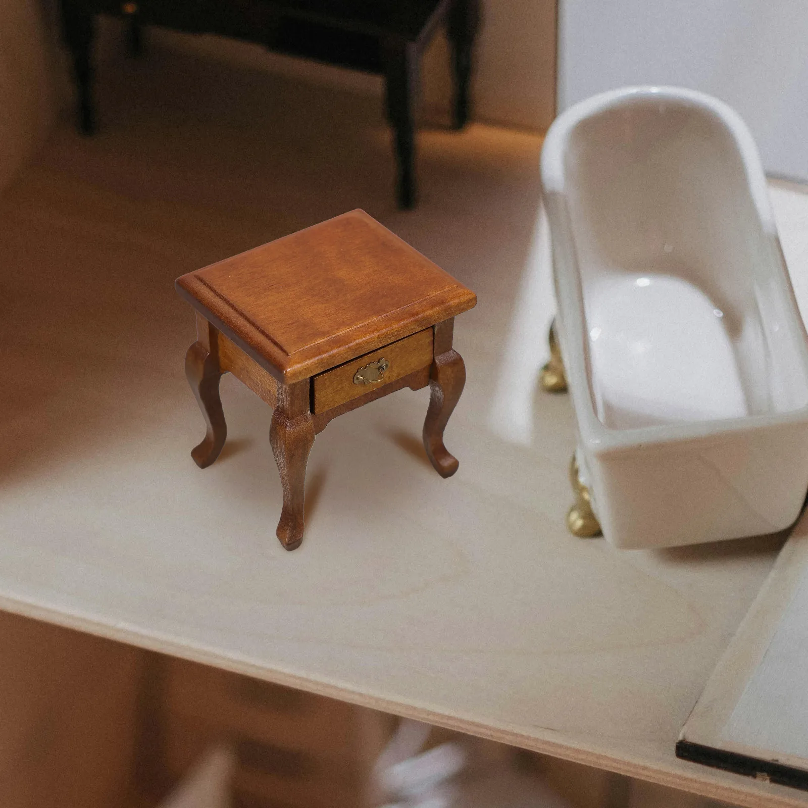 

Mini Bedside Table 1:12 Scale Light Brown Wood Drawer Dollhouse Bedroom Furniture Miniature Round Wood Table House Model