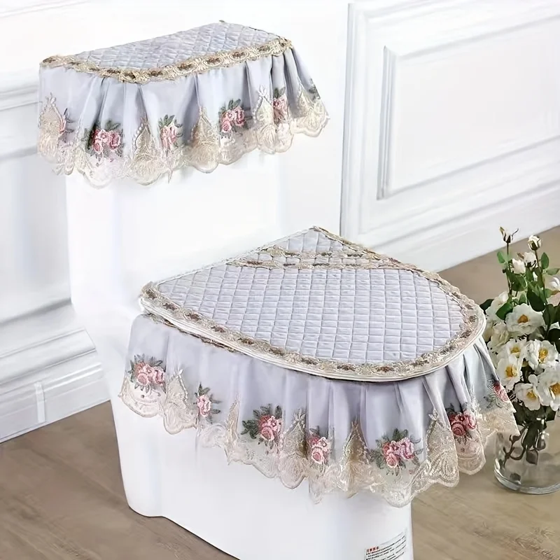 

European Style Lace Fabric Toilet Cushion 3 Pieces Zipper Type Home Toilet Seat Cover Four-season Universal Toilet Ring Cover