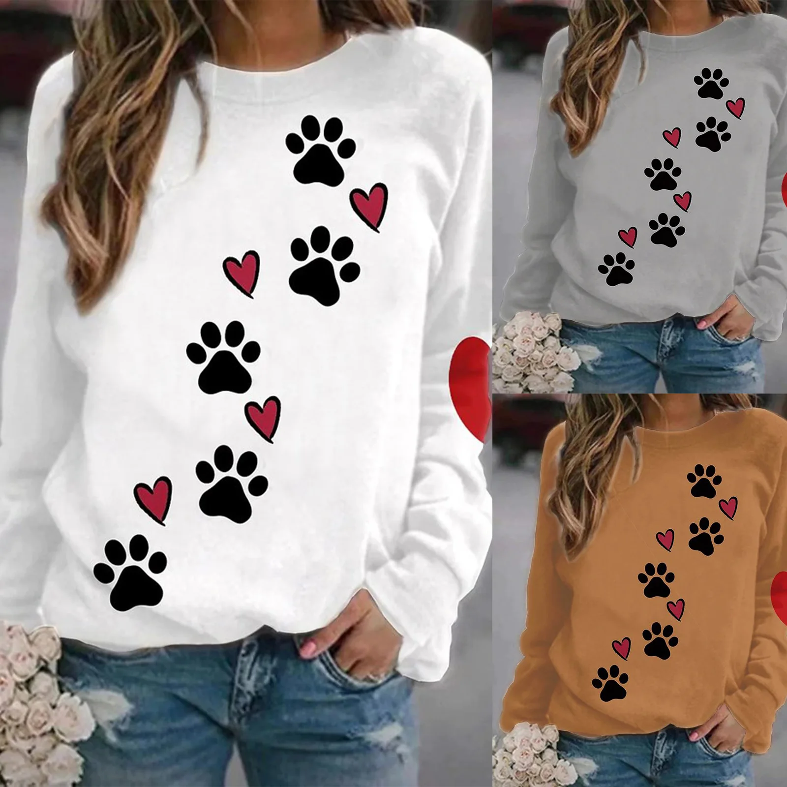 

2024 European and American Autumn and Winter New Dog Claw Love 3D Printed Hoodie Round Neck Long Sleeve T-shirt Women's Wear