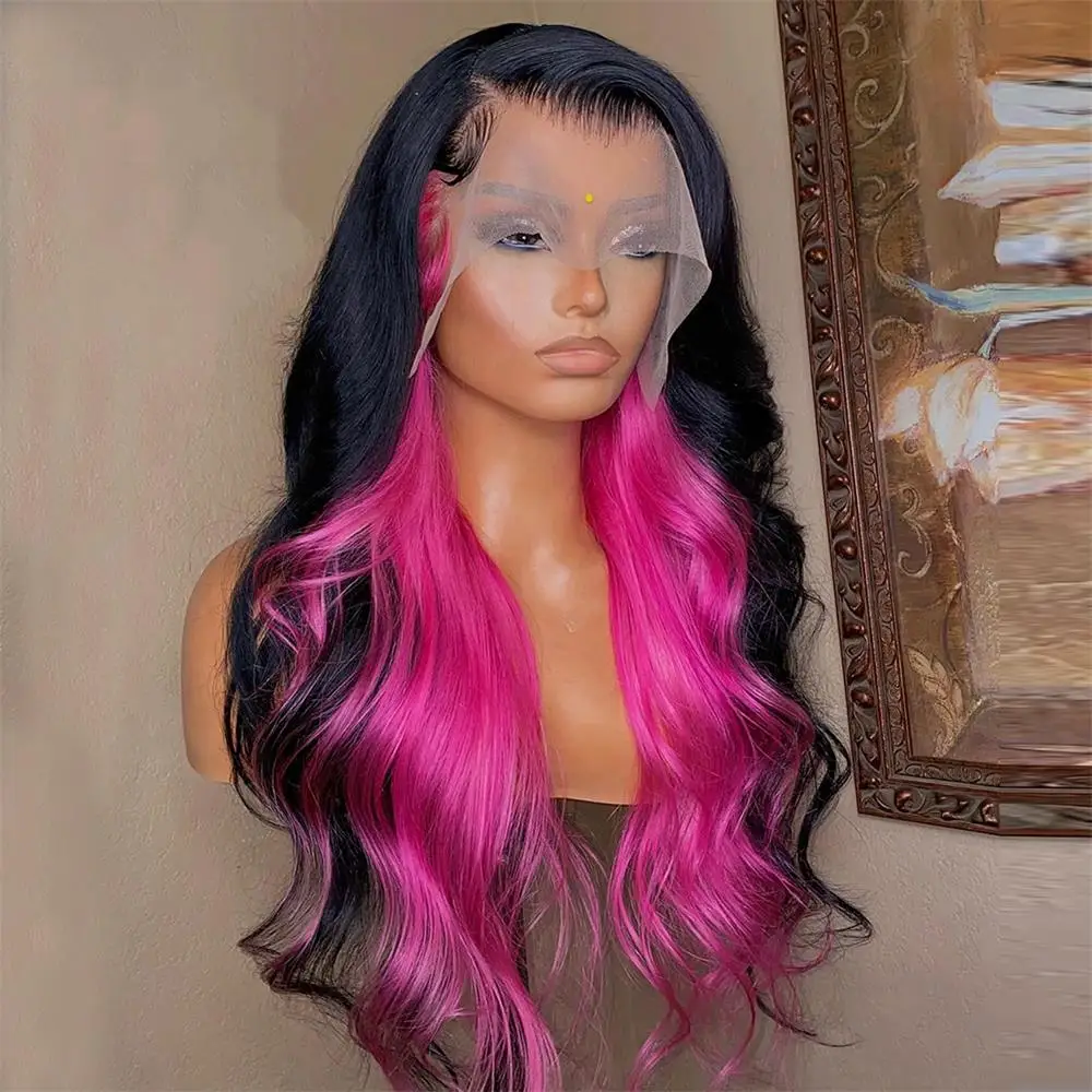 FANXITION Black/Pink Highlight Long Body Wave Synthetic Lace Front Wigs for Women Half Hand Tied Natural Looking Daily Wear Wigs