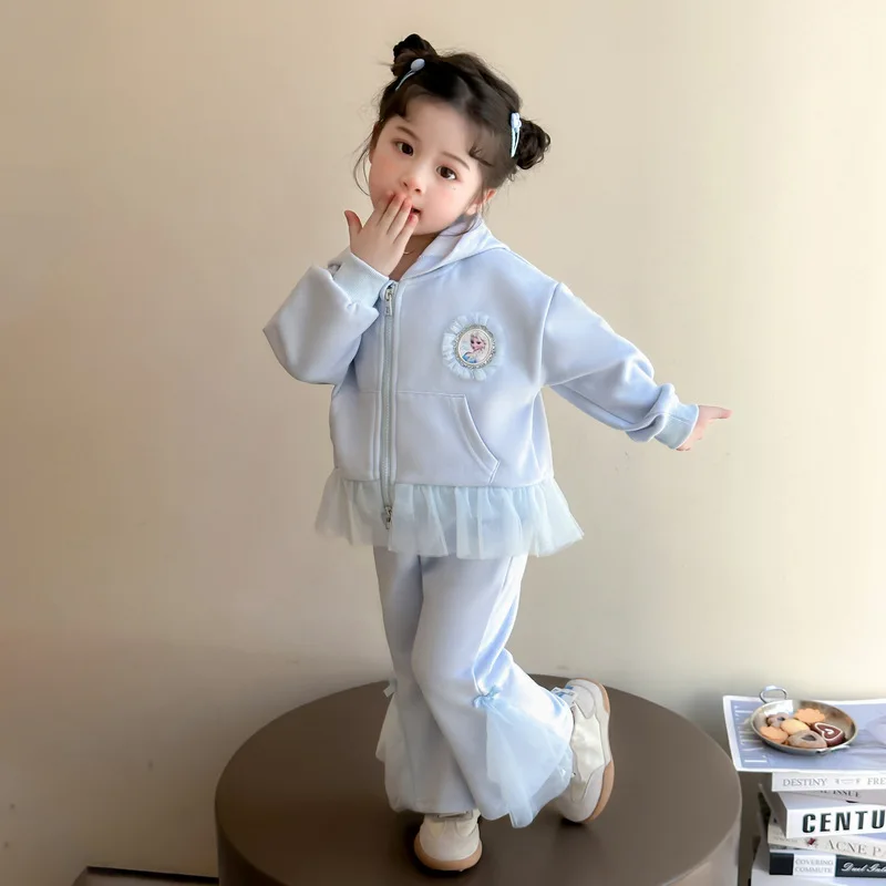 

New Baby Girls Casual Suit Sweet Elsa Princess Lace Splicing Hooded Coat+Elastic Waist Pants Korean Fashion Two Pieces Set