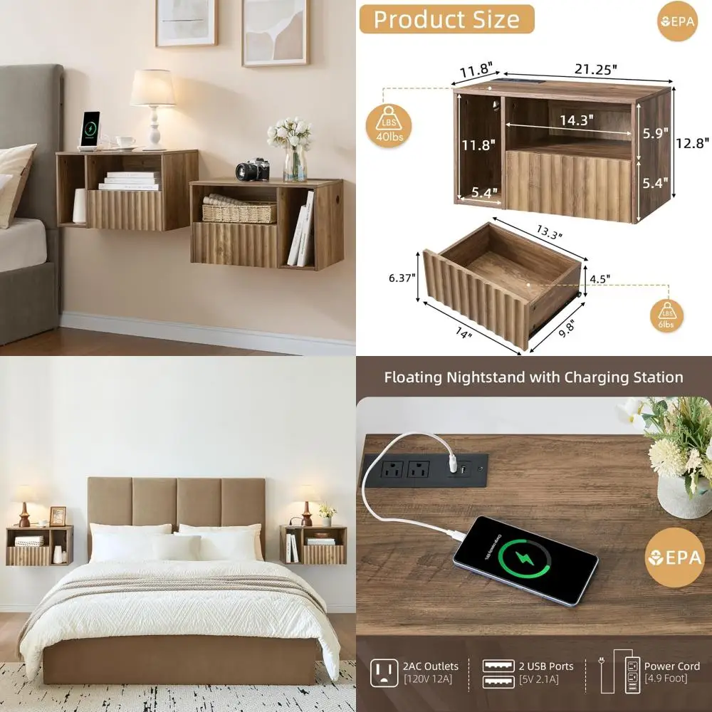 Mesita de noche moderna rústica marrón con cajón, puertos y tomas de carga USB: juego de 2 mesitas de noche flotantes para vivir moderno