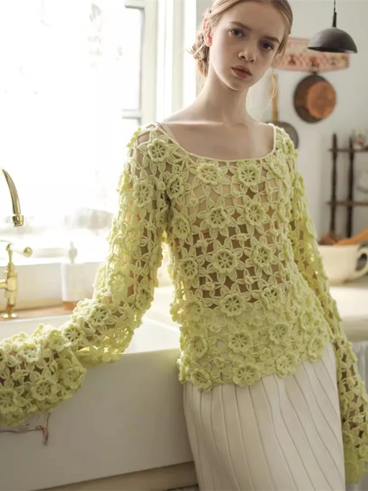 

AIGYPTOS Spring Summer Fall Pullovers Women Sexy Hollow Out Handmade Crochet Flowers Pollover Fashion Kntted Mohair Wool Sweater