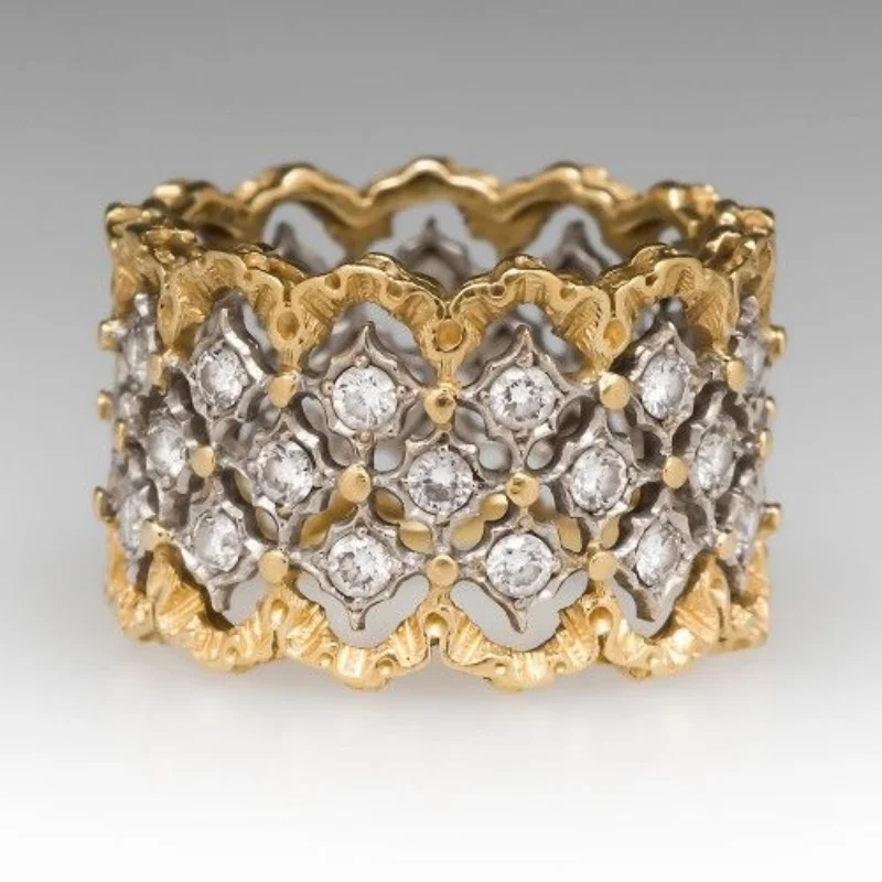 Luxurious Hollow Wide-Face Artificial Zirconia Embedded Elegant Women's Ring Copper Material