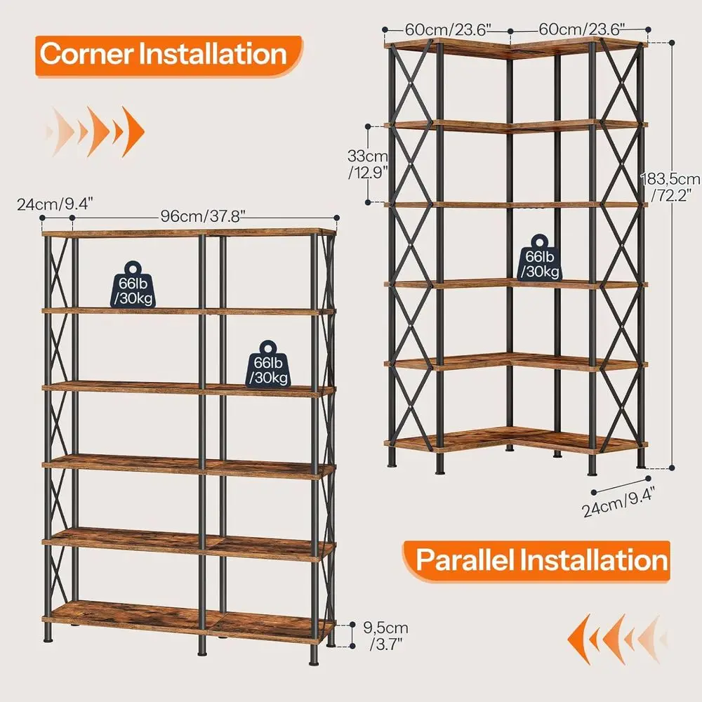 Corner Bookshelf, 6-Tier L-Shaped Bookcase, Industrial Open Display Shelf Tall Storage Organizer, Vertical Storage Rack, for Liv