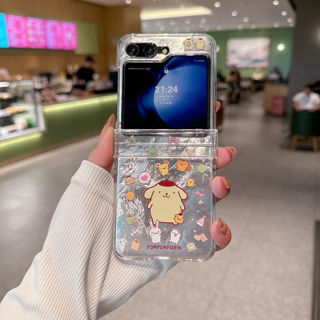 

Pom Pom Purin Ugly fish Anime Phone Case for Samsung Galaxy ZFlip5 Zflip6 ZFlip 3 4 Feather yarn laser Silicone Ultra Slim Cover