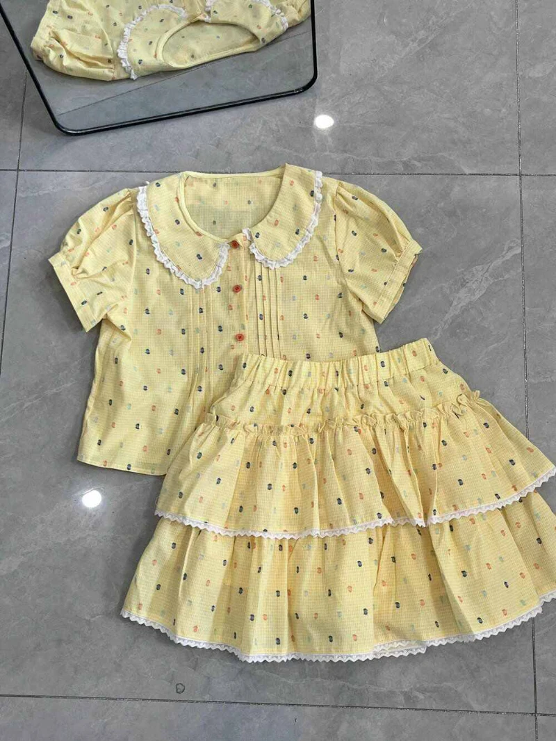 Bomon Japanese Dopamine Yellow Polka Dot Cake Dress Cute Women's Set Spring Preppy Doll Collar Lace Top Lace Skirt Two-Piece Set