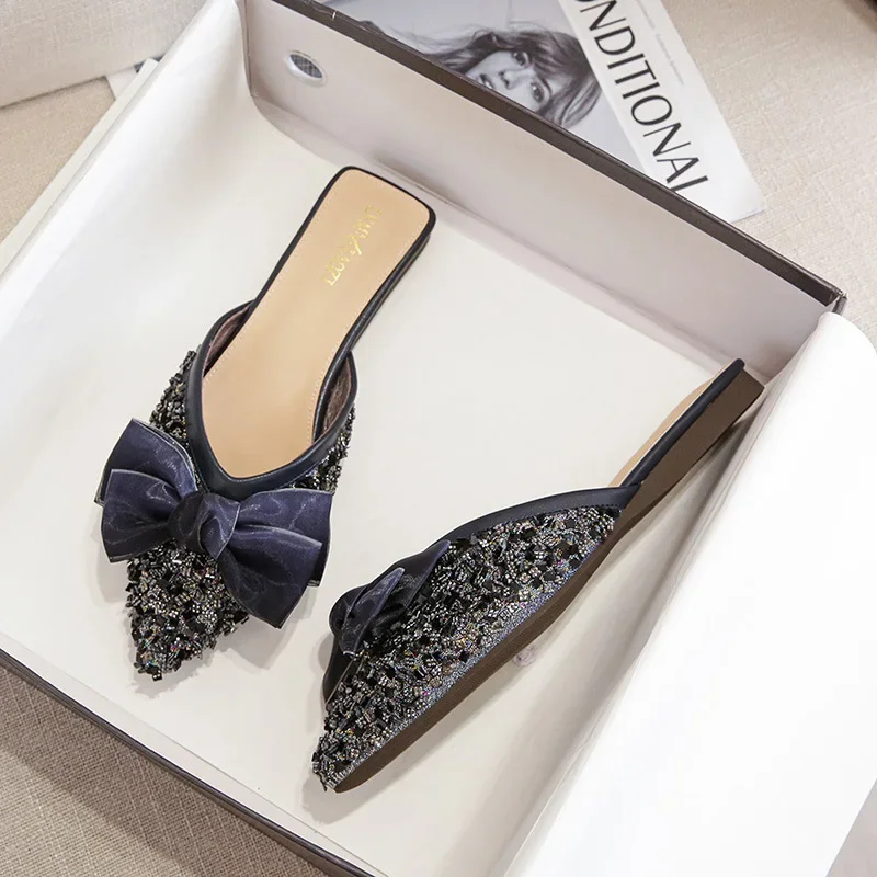 Female Summer Autumn Mules Half Wear Slip-on Shoes Flat Rhinestone Fairy Sandals Slipper Large Size 41 43
