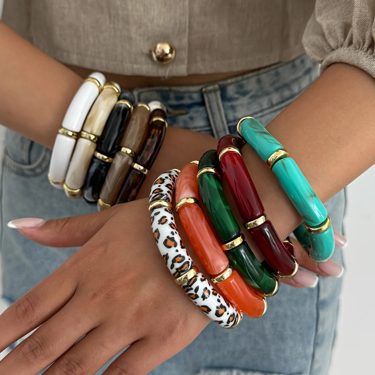 Vintage Stackable Acrylic Bracelets for Women Bohemian Round Tube Beaded Bracelet Leopard Resin Elastic Bangle image 2
