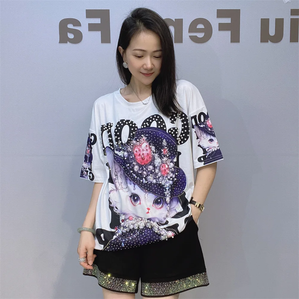 PLUS ขนาดแขนสั้นเสื้อ T ผู้หญิงฤดูร้อนเสื้อผ้าการ์ตูนพิมพ์เพชรประดับด้วยลูกปัดเสื้อ O คอลําลองเสื้อถัก Camisetas