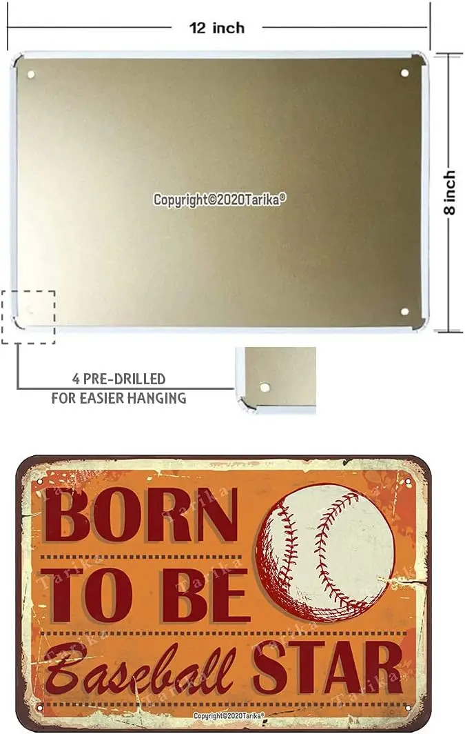 Born to Be Baseball Star Vintage Look 8X12 Inch Metal Decoration Crafts Sign for Home Bar Pub Man Cave Garage Funny Wall