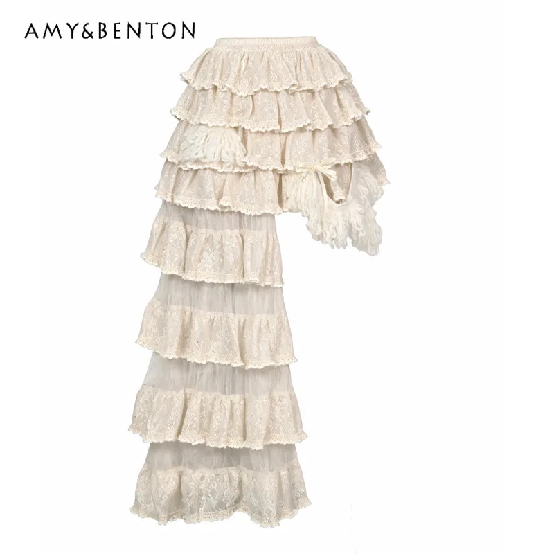 Francês gracioso estilo fada renda em camadas saia palácio retro cintura alta irregular mini saia feminina vestidos de noite de natal