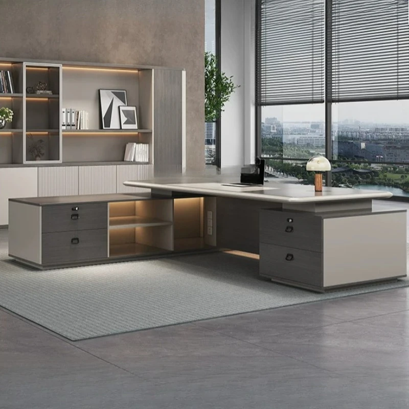 Modern Luxury Executive Desk L Shaped Boss Office Desk CEO Manager Large Workstation With Side Cabinet Combination Furniture