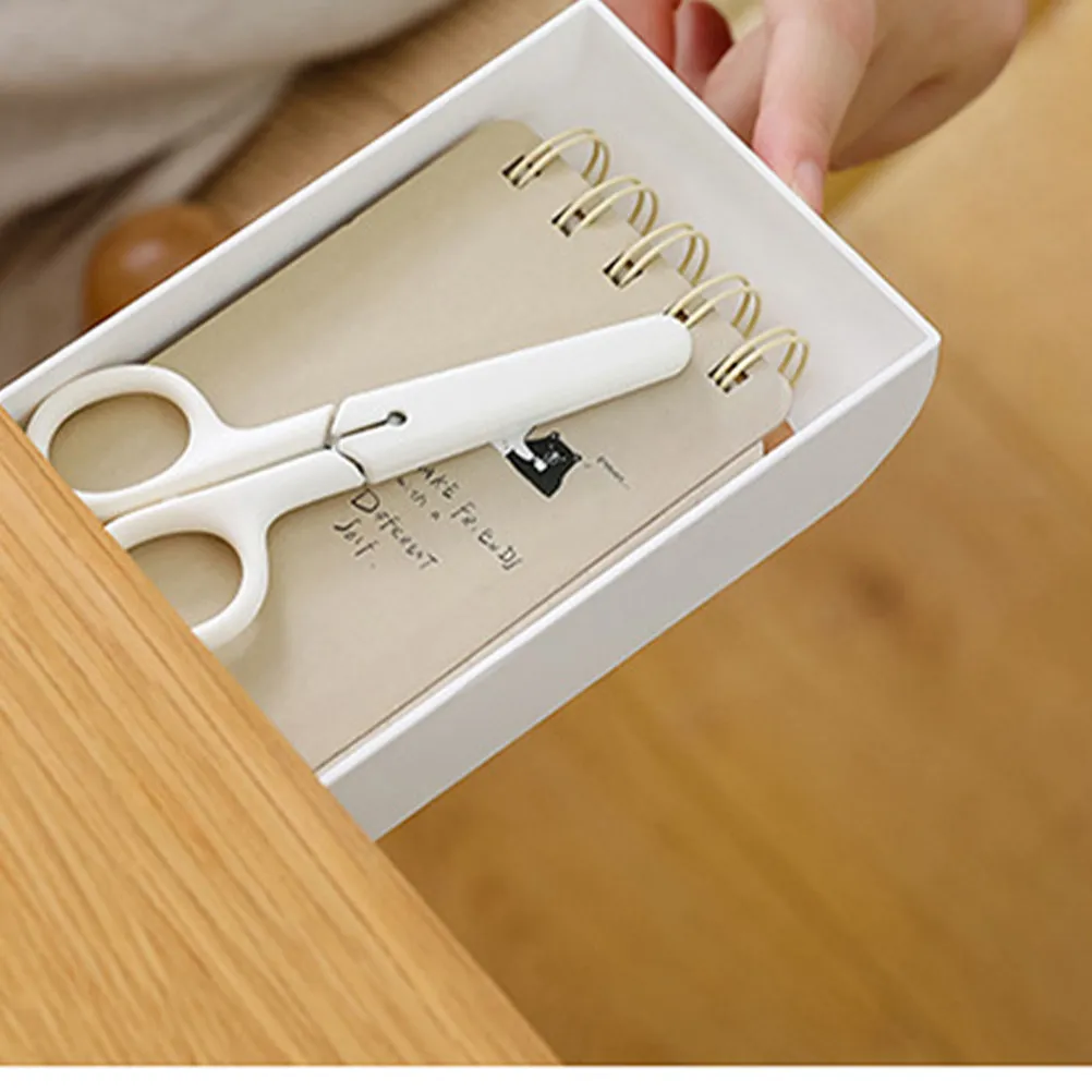 Under Desk Adhesive Storage Box White Thickened Heavy Duty Sticky Organizer Tray for Pens Scissors Cable Memo Pads Office Home