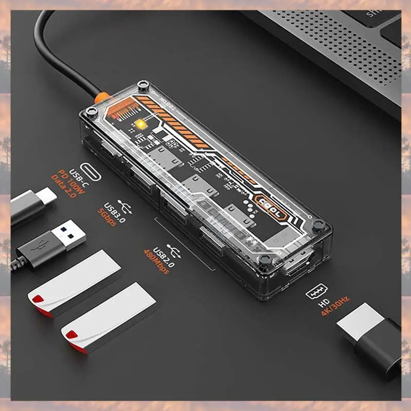 

2025 New-5 In 1 USB 3.0 Hub Docking Station USB Adapter With USB2.0X2 USB3.0 PD100W USB-C 4K@30Hz For PC Laptop Mobile Phone Acc