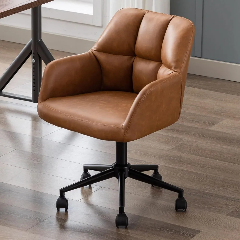 Adjustable Home Office Desk Chair with Comfy Square Tufted Mid-Back, Faux Leather 360 Swivel Upholstered Task Armchair